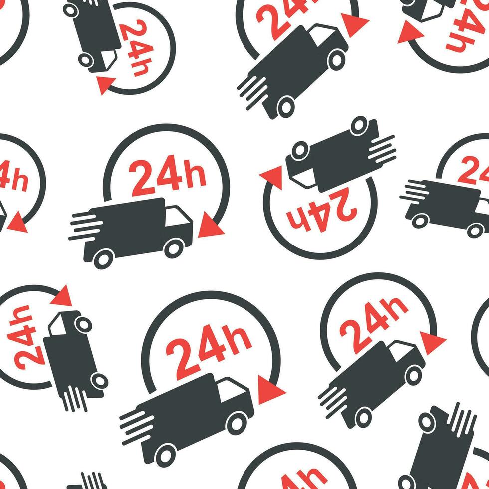 Delivery truck 24h seamless pattern background. Business flat vector illustration. 24 hours fast delivery service shipping sign symbol pattern.