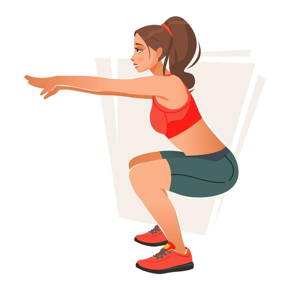 A woman in sports clothes does exercises. A woman is engaged in spot or fitness. Cartoon vector illustration.