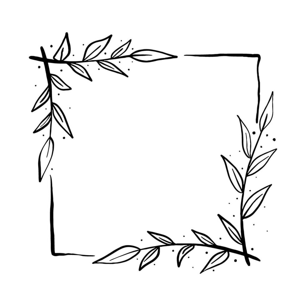 Black line square frame with leaves. Vector illustration for decorate logo, text, wedding, greeting cards and any design.