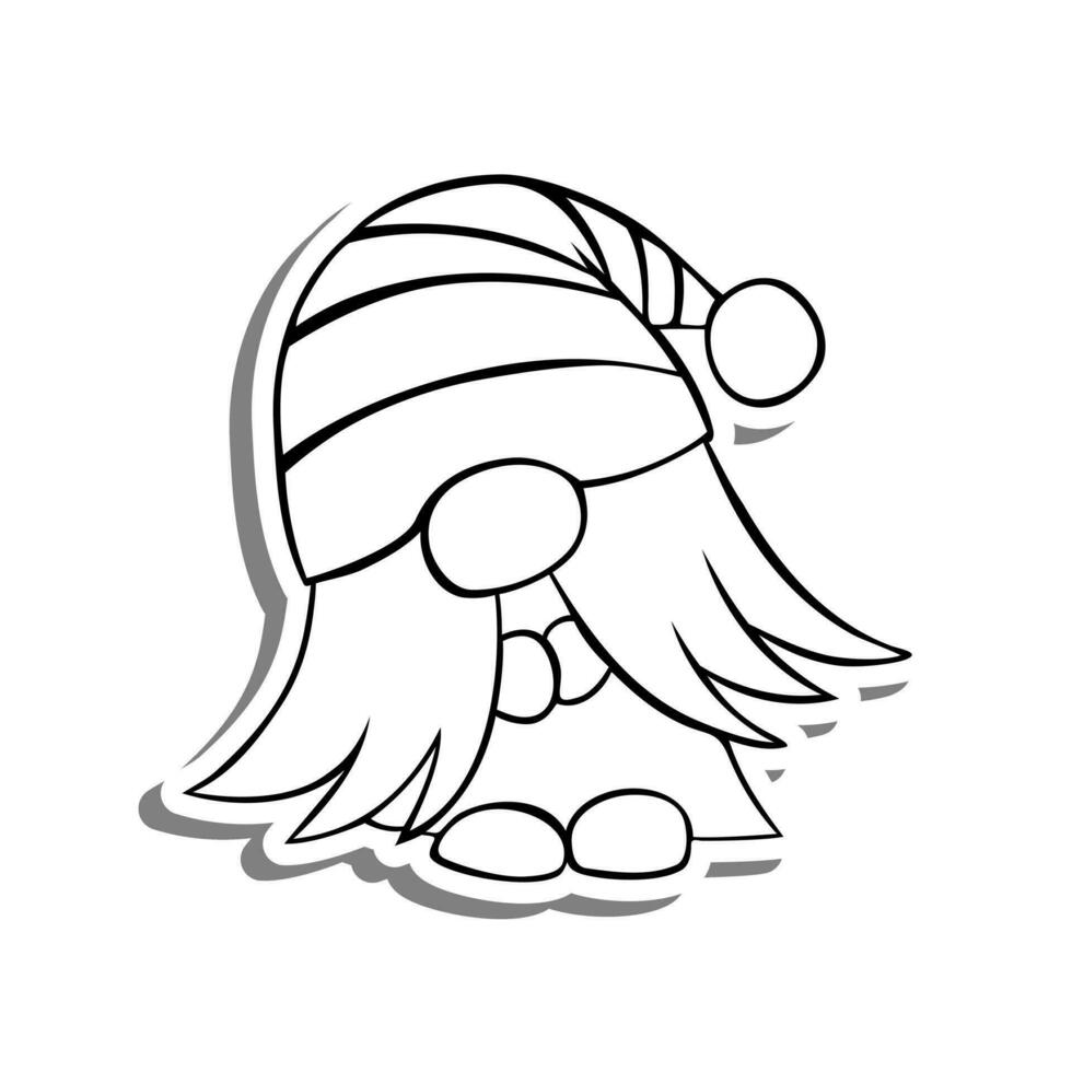 Black line a cute Shy Gnome. Hand drawn chibi cartoon character. Doodle for coloring, decoration or any design. Vector illustration of kid.
