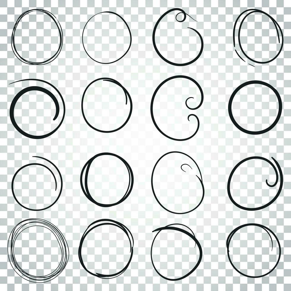 Hand drawn circles icon set. Collection of pencil sketch symbols. Vector illustration on isolated background. Simple business concept pictogram.