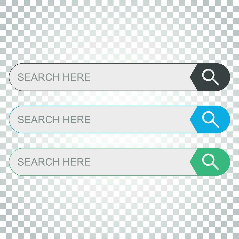 Search bar field. Set vector interface elements with search button. Flat vector illustration on isolated background. Simple business concept pictogram.