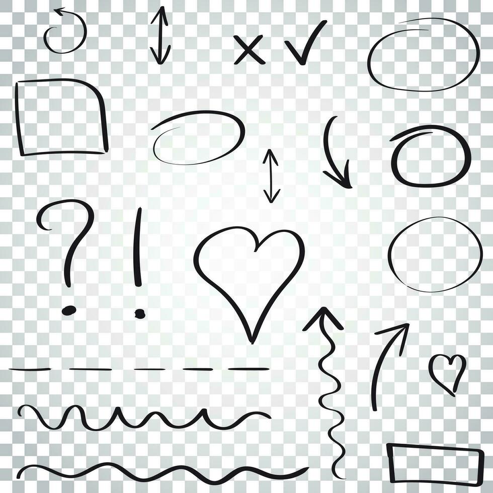 Hand drawn arrows and circles icon set. Collection of pencil sketch symbols. Vector illustration on isolated background. Simple business concept pictogram.