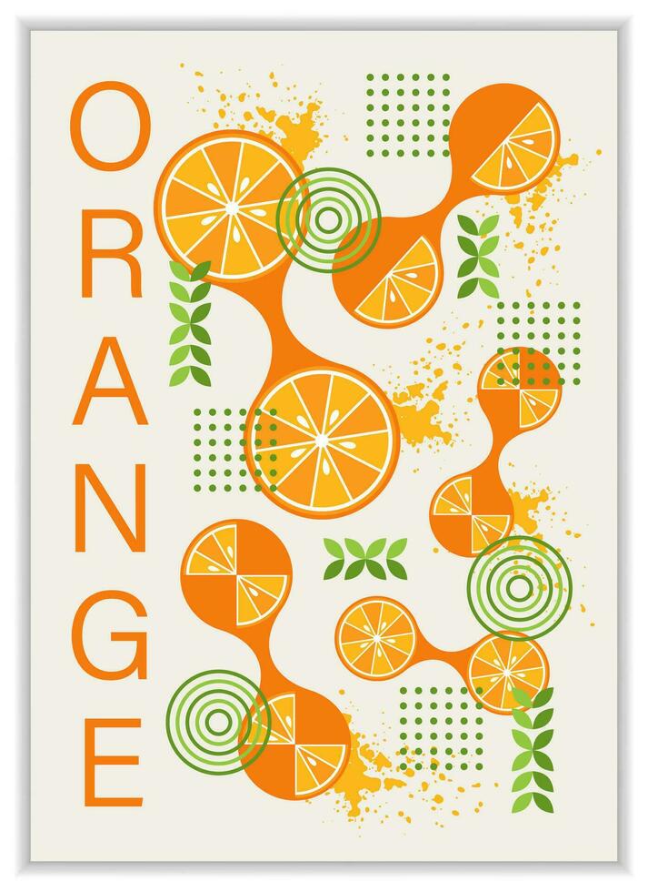 vertical póster con Fruta naranja, resumen formas en sencillo geométrico estilo. bueno para marca, decoración de comida paquete, cubrir diseño, decorativo imprimir, fondo, pared decoración vector