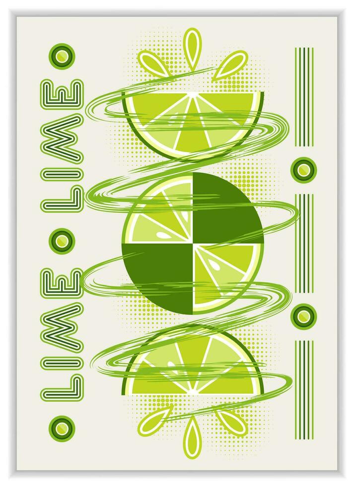 Vertical poster with fruit lime, abstract shapes in simple geometric bauhaus style. Good for branding, decoration of food package, cover design, decorative print, background, wall decoration vector