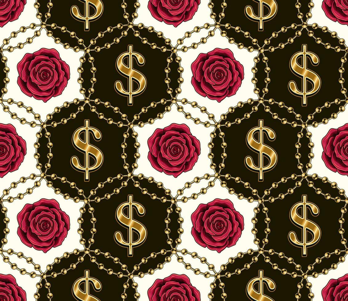 Seamless vintage pattern with circles, gold ball chain, crimson roses, golden dollar sign. Classic background. Vector illustration