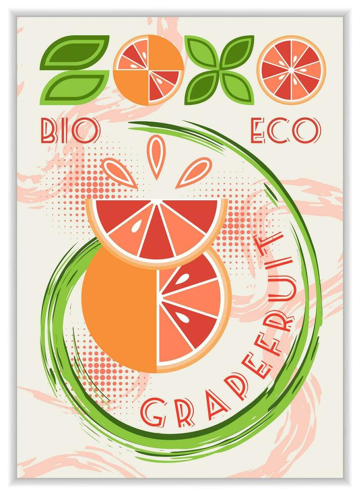 Vertical poster with fruit grapefruit, abstract geometric shapes, spiral paint brush stroke. Good for branding, decoration of food package, cover design, decorative print, background, wall decoration vector