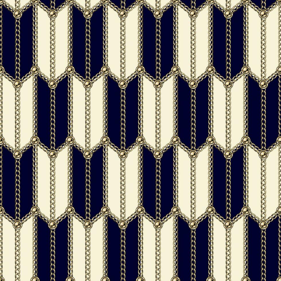 Chevron geometric pattern with gold realistic chains, beads. Tile staggered seamless background. Classic elegance design. vector