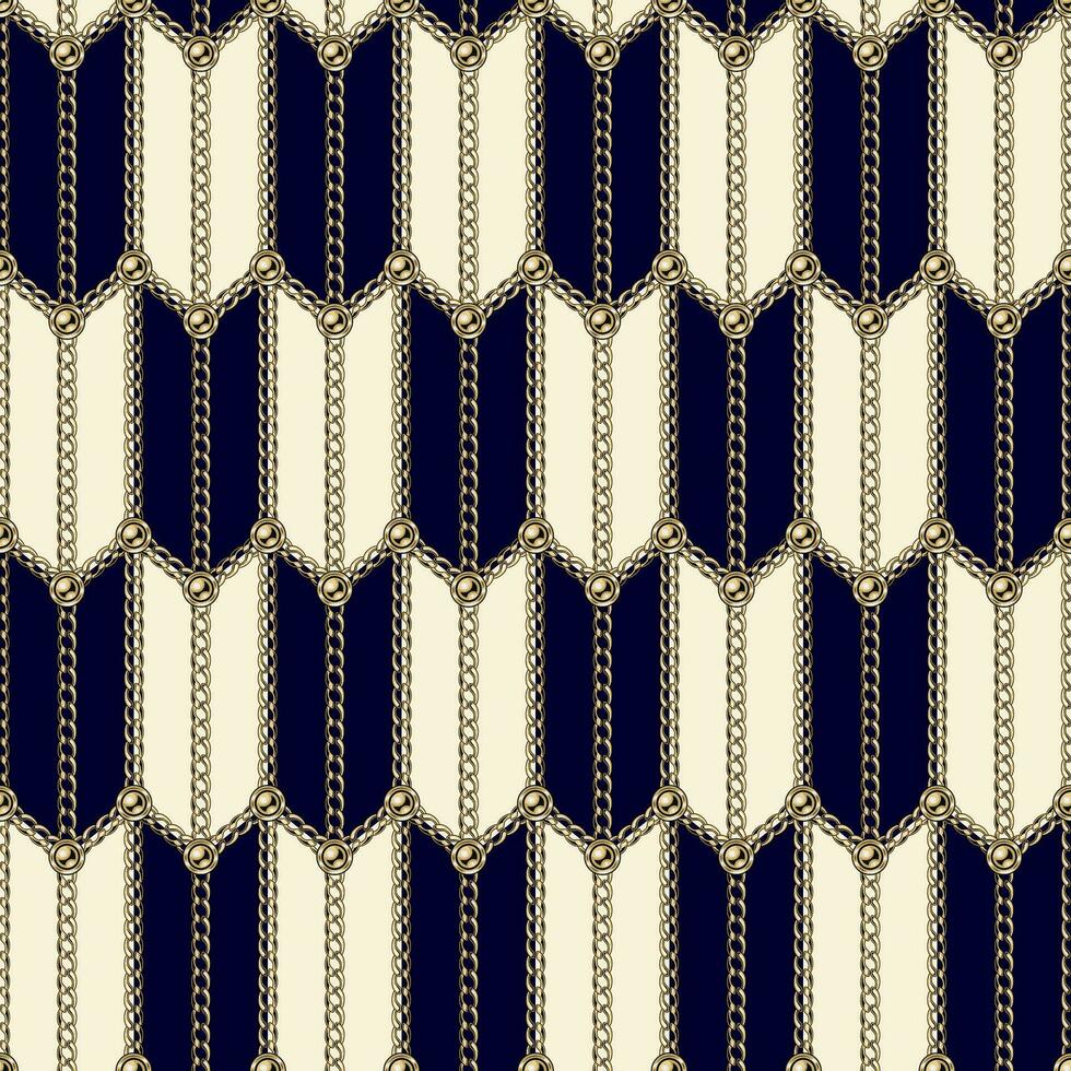 Chevron geometric pattern with gold realistic chains, beads. Tile staggered seamless background. Classic elegance design. vector