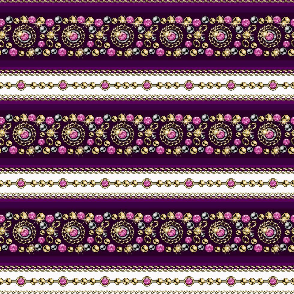 Seamless striped pattern with precious jewelry elements, gold, silver beads, chains, pink gems. Ornate mosaic style. Good for clothing, apparel, fabric, textile, surface design. vector