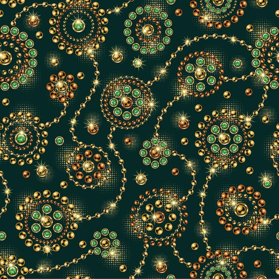 Seamless pattern with round jewelry ornaments in vintage style. Gold elements with green gems. Vector illustration. Good for clothing, apparel, fabric, textile, surface design.