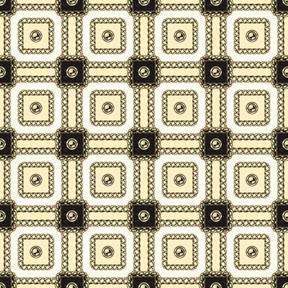 Seamless vintage square pattern with gold chains, beads, buttons. Geometric classic grid. Vector illustration in vintage style
