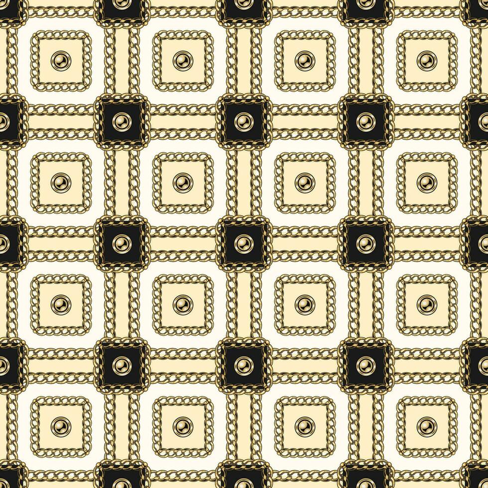 Seamless vintage square pattern with gold chains, beads, buttons. Geometric classic grid. Vector illustration in vintage style