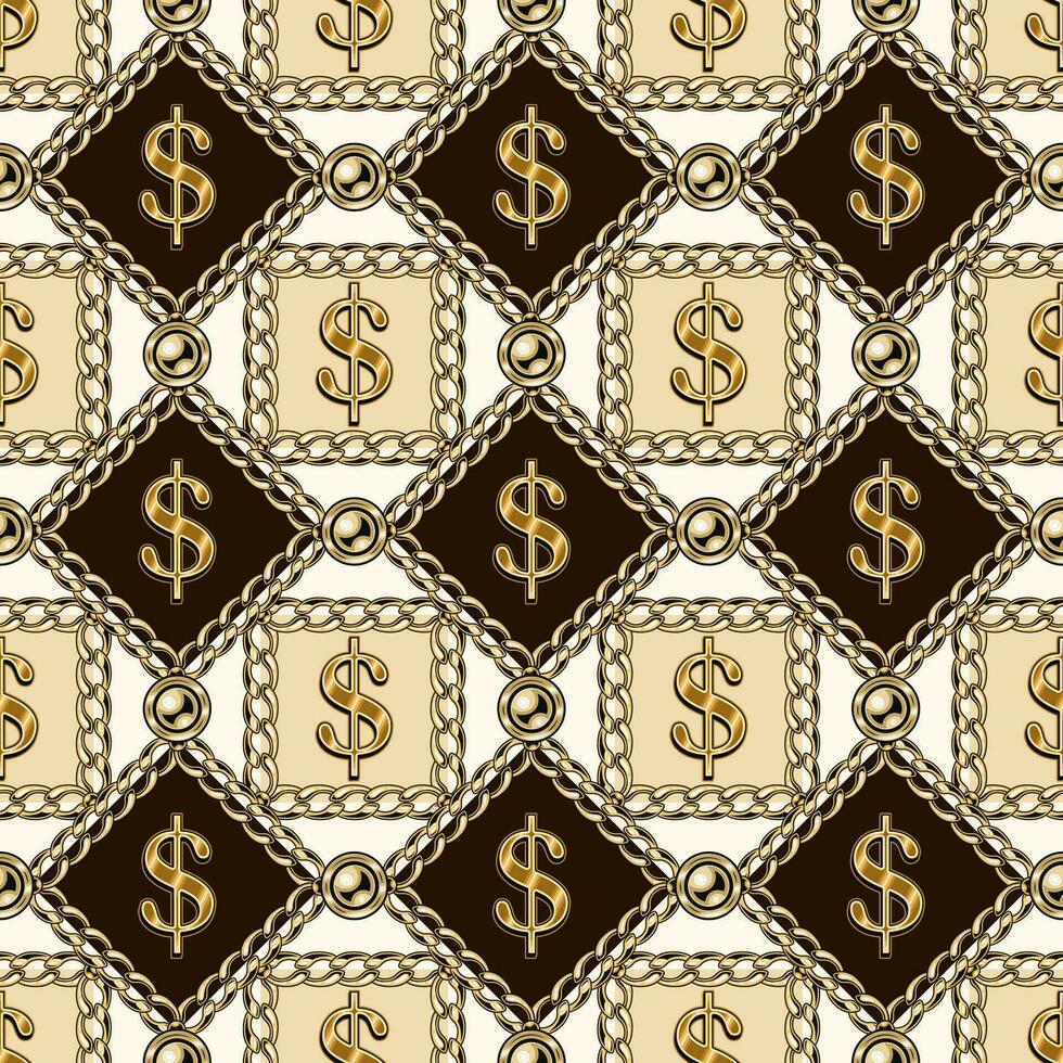 Seamless pattern with gold dollar sign in squares, rhombuses of gold chains, beads. Vertical lined up elements on a beige background. vector