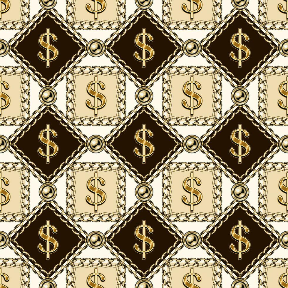 Seamless pattern with gold dollar sign in squares, rhombuses of gold chains, beads. Vertical lined up elements on a beige background. vector