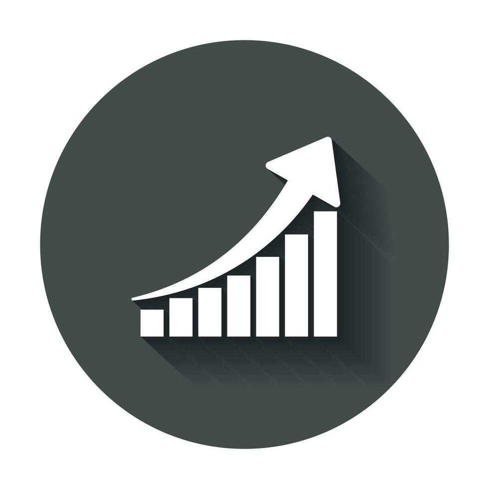 Growth chart icon. Grow diagram flat vector illustration. Business concept on black round background with long shadow.