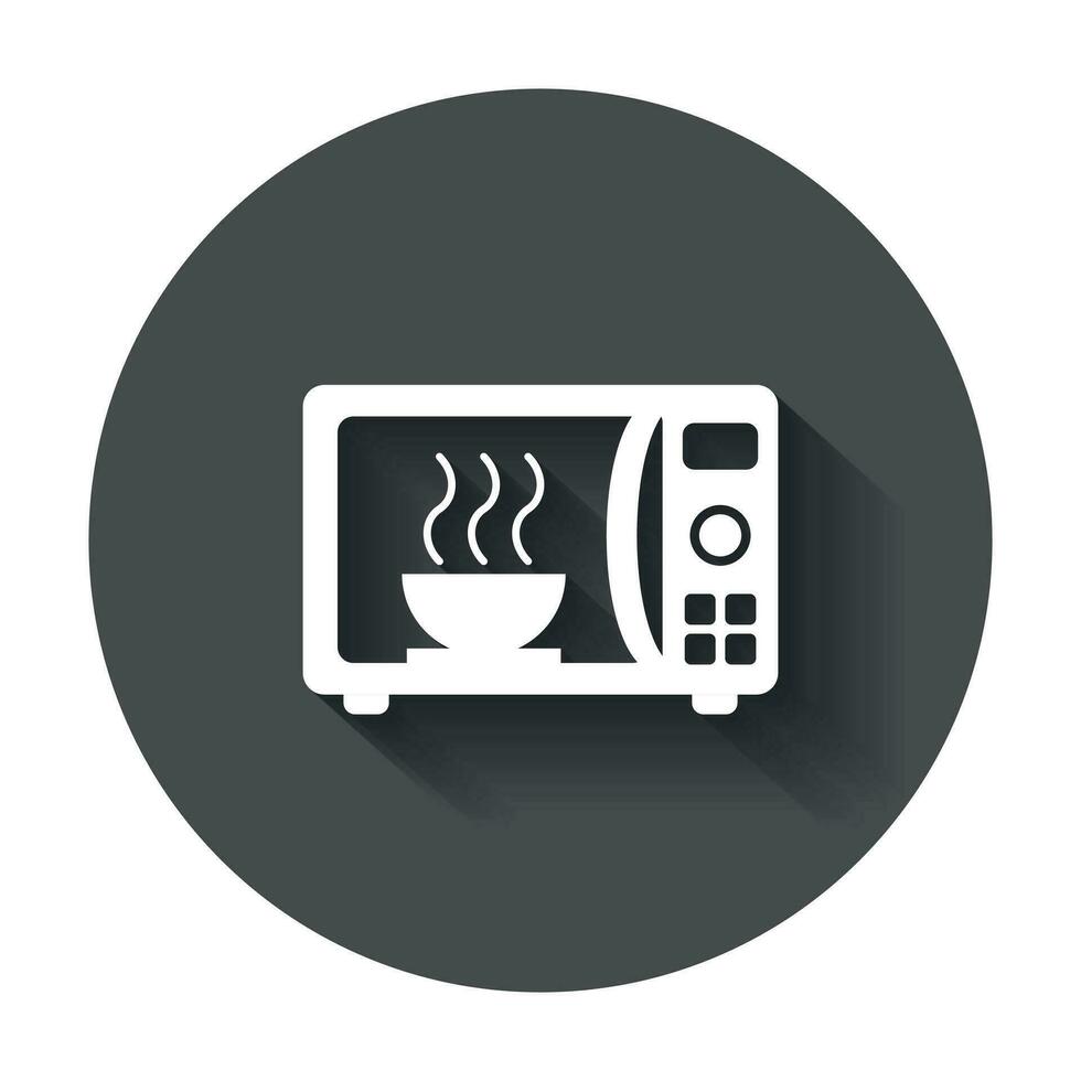 Microwave flat vector icon. Microwave oven symbol logo illustration on black round background with long shadow.