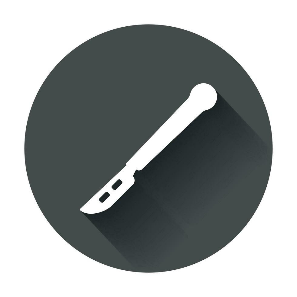 Medical scalpel vector icon. Hospital surgery knife sign illustration on black round background with long shadow.