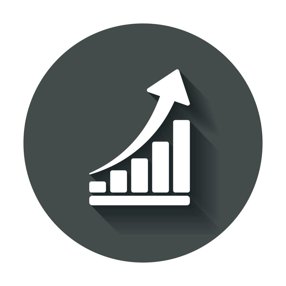 Growth chart icon. Grow diagram flat vector illustration. Business concept on black round background with long shadow.