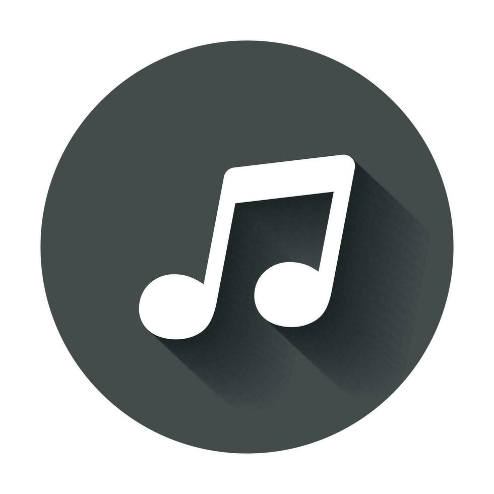 Vector music icon. Sound note illustration on black round background with long shadow.