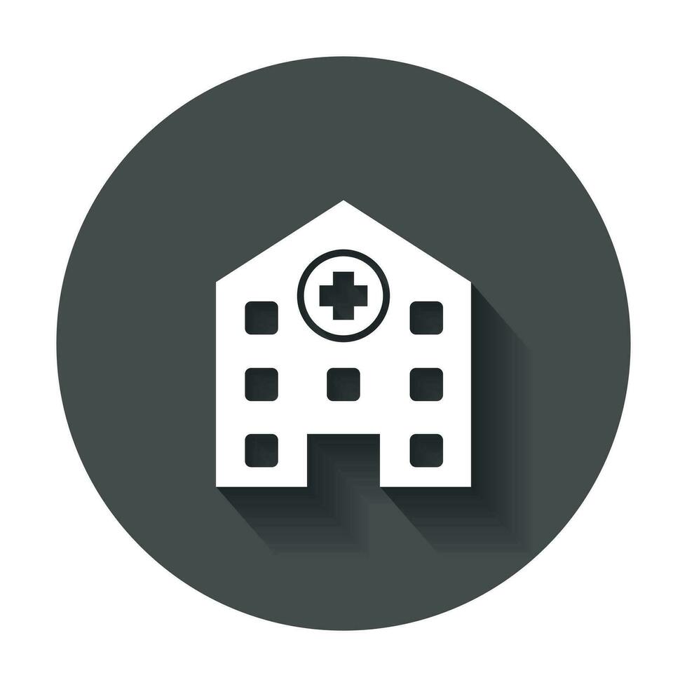 Hospital building vector icon. Infirmary medical clinic sign illustration on black round background with long shadow.