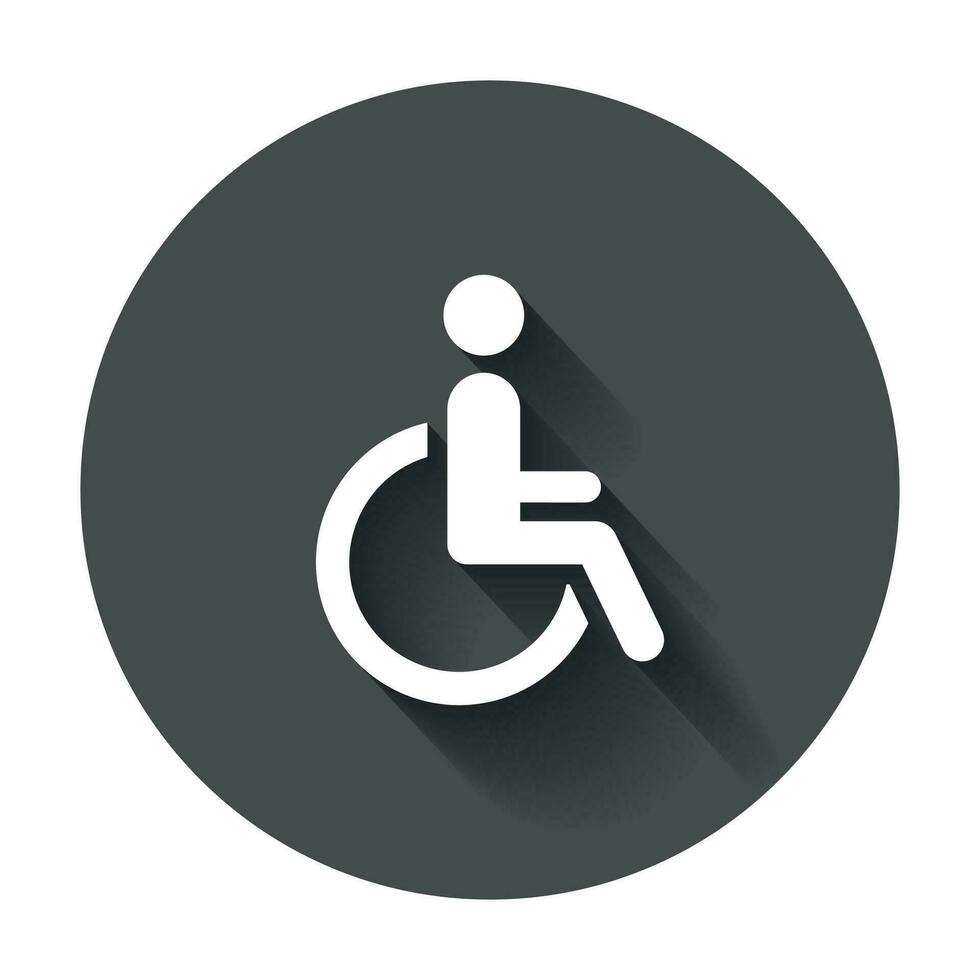 Man in wheelchair vector icon. Handicapped invalid people sign illustration on black round background with long shadow.