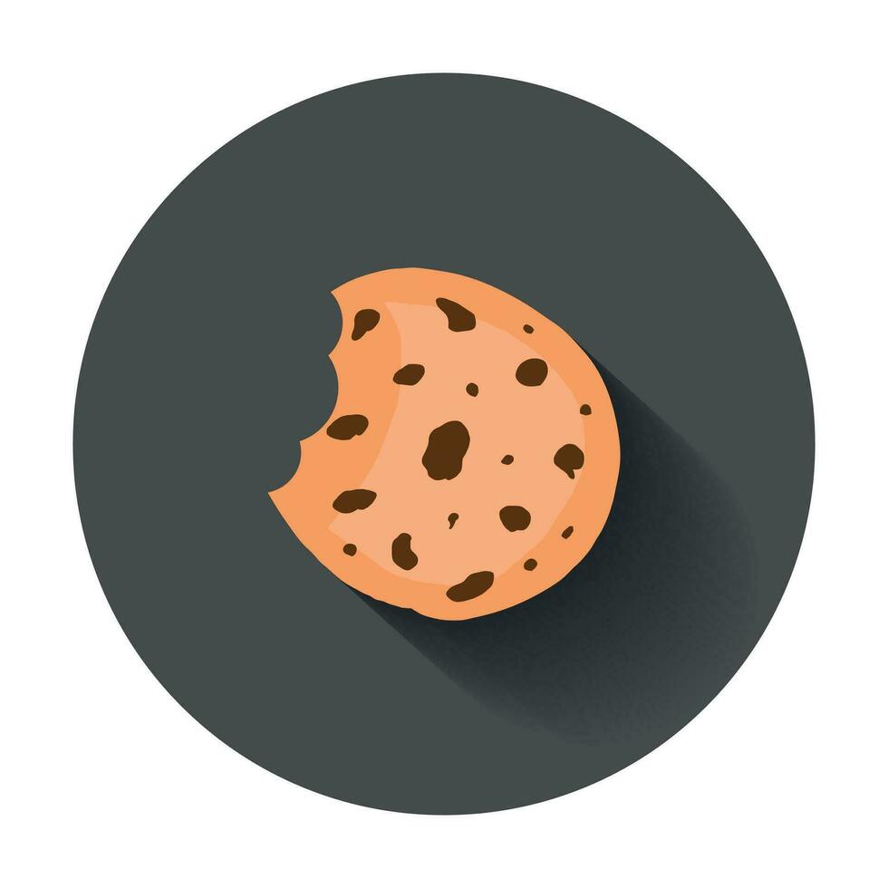 Cookie flat vector icon. Chip biscuit illustration. Dessert food pictogram on black round background with long shadow.