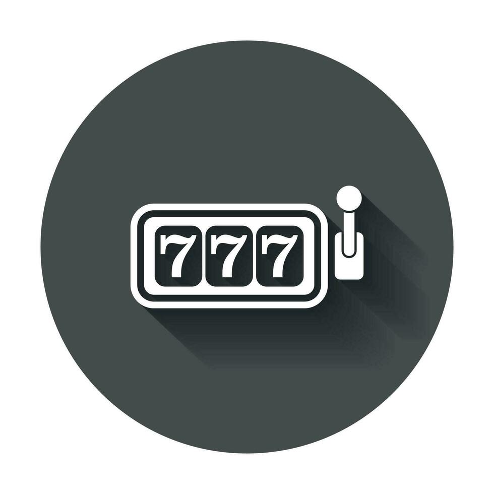 Casino slot machine flat vector icon. 777 jackpot illustration pictogram on black round background with long shadow.