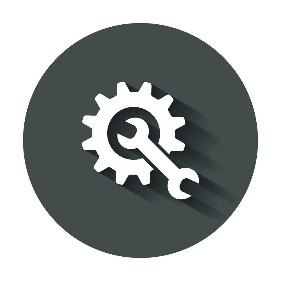 Service tools flat vector icon. Cogwheel with wrench symbol logo illustration on black round background with long shadow.