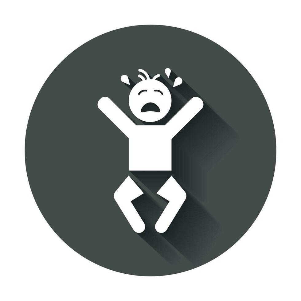 Crying baby vector icon. Anger emotions child flat illustration on black round background with long shadow.
