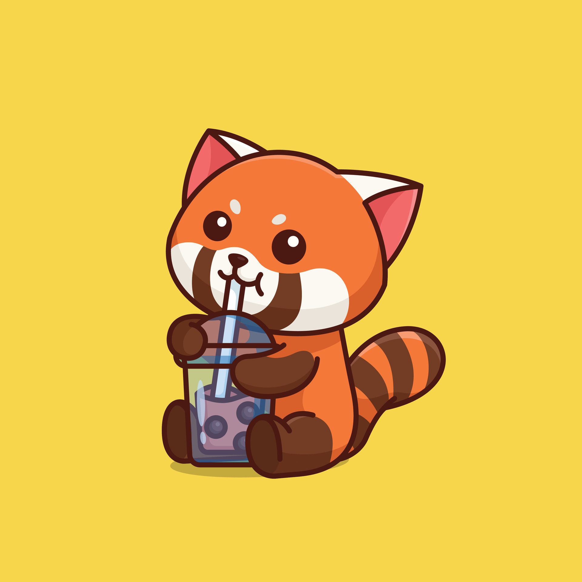 Cute red panda drink boba milk tea simple cartoon vector icon