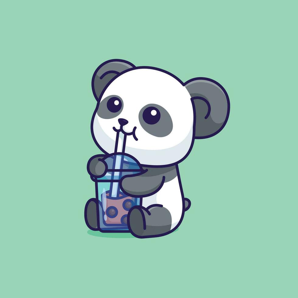 Cute panda drink boba milk tea simple cartoon vector icon illustration animal drink