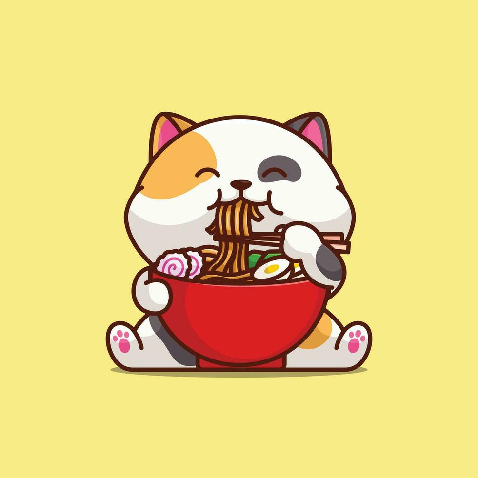 linda gato comiendo ramen fideos sencillo dibujos animados vector ilustración animal comida icono