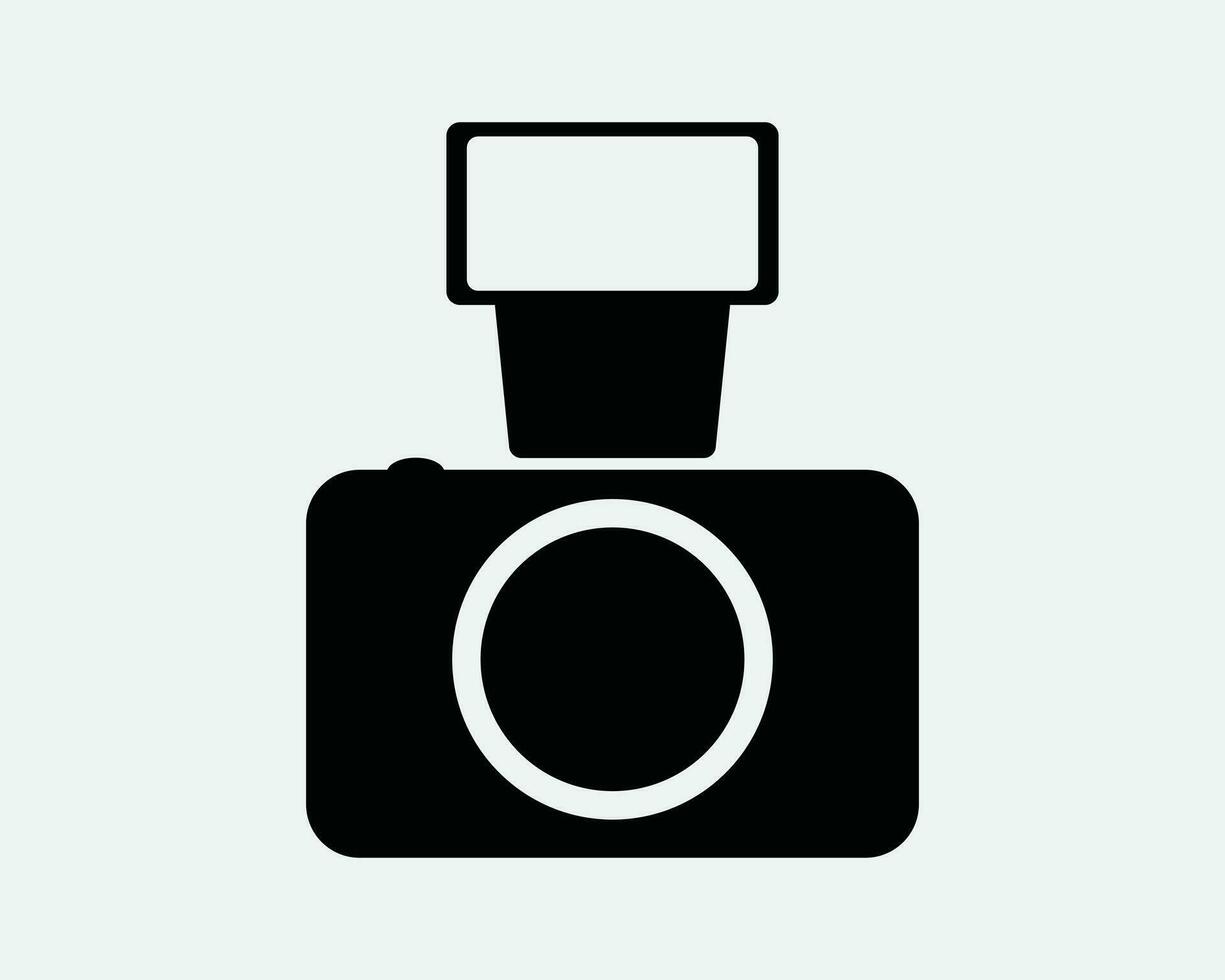 Camera with Flash Icon. DSLR Digital Photography Photo Capture Photo Picture Photograph. Black White Graphic Clipart Artwork Symbol Sign Vector EPS