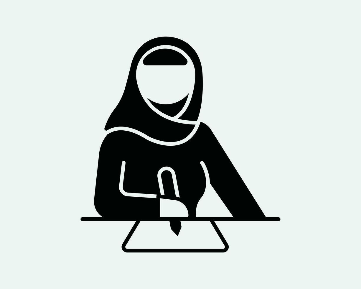 musulmán mujer estudiante icono. islam islámico conservador hijab árabe Arábica árabe dama niña escribir aprender. religión negro blanco símbolo firmar vector eps
