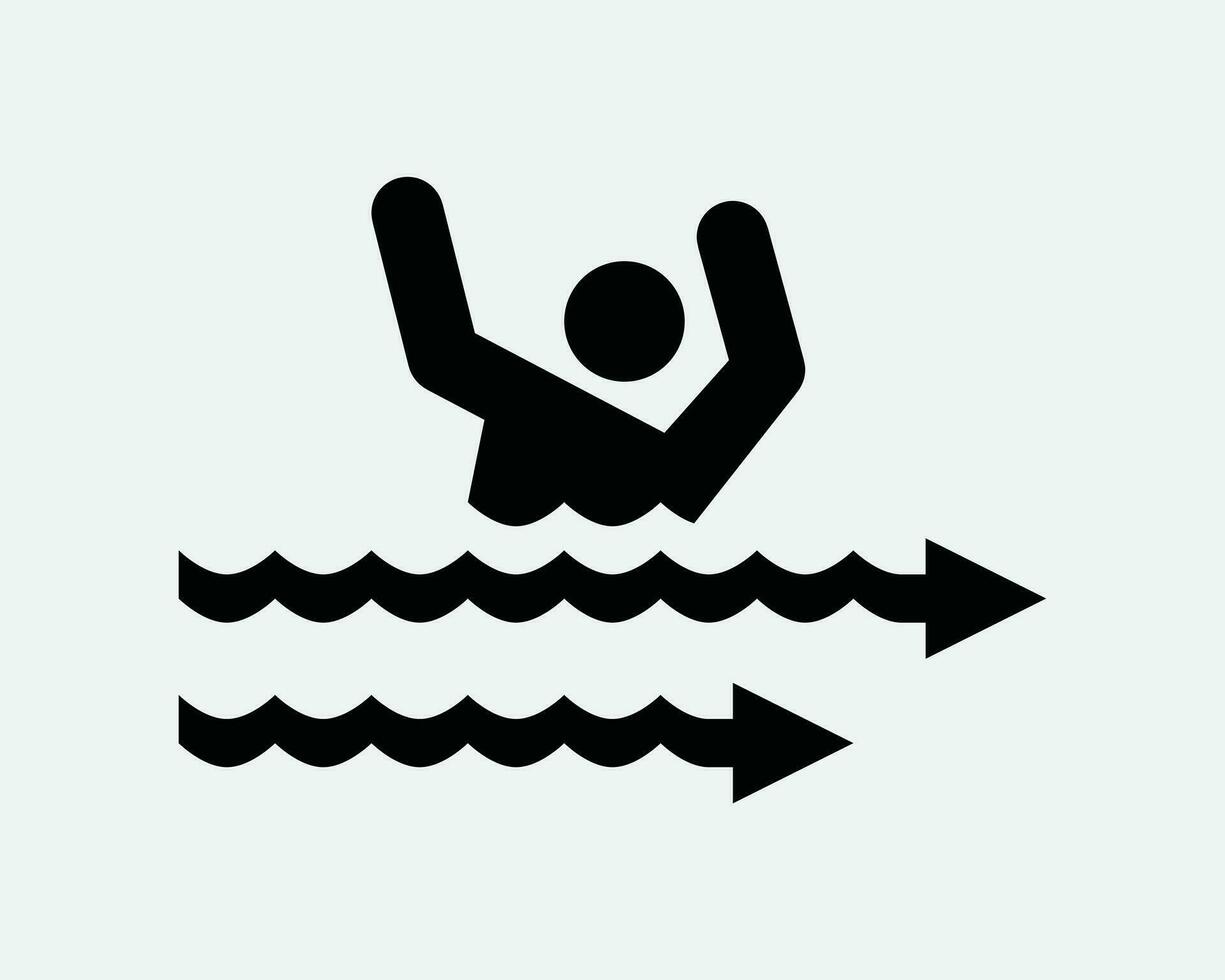 Fast Water Current Drown Icon. Rescue Arm Raise Danger Risk Arrow Flow Gush Sweep Safety Victim. Black White Clipart Artwork Symbol Sign Vector EPS