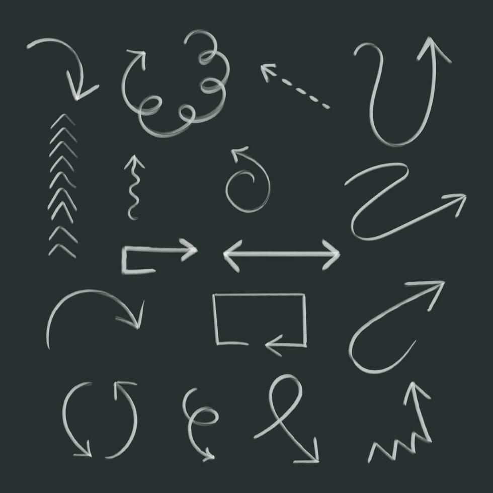 Hand drawn arrow set icon. Collection of pencil sketch symbols. Vector illustration on black background.