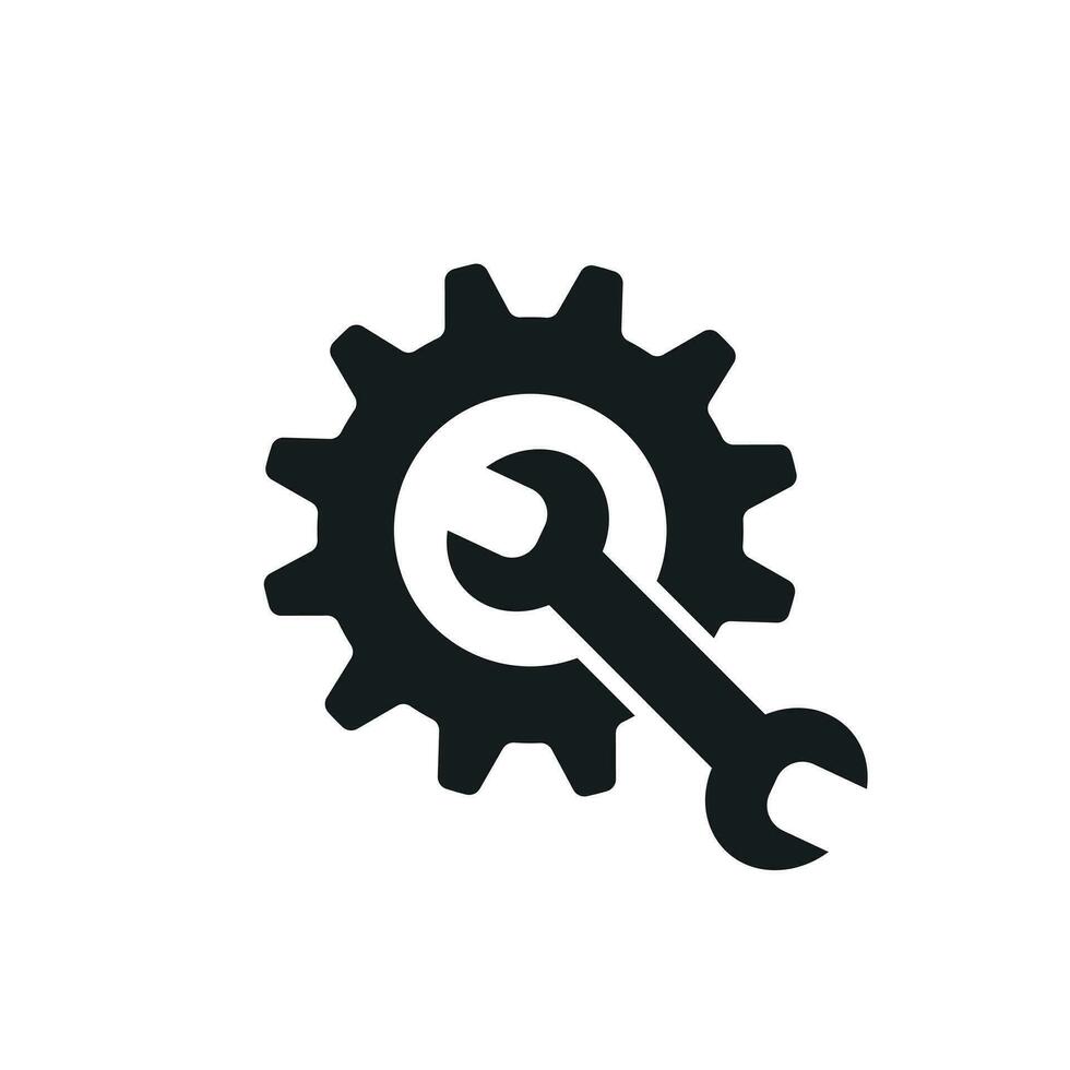 Service tools flat vector icon. Cogwheel with wrench symbol logo illustration.