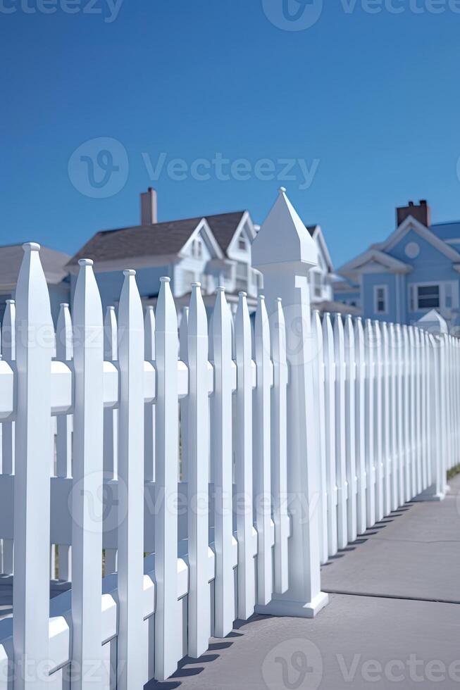 A fragment of a white vinyl fence. Fencing of the house territory Copy space created with technology photo