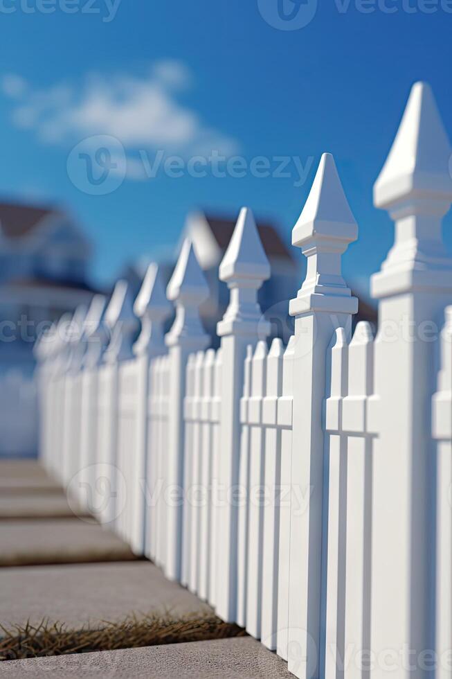 A fragment of a white vinyl fence. Fencing of the house territory Copy space created with technology photo
