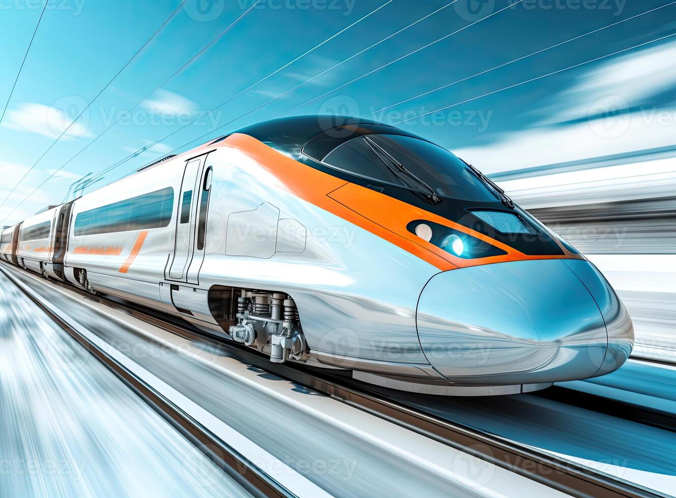 High speed train in motion. Modern intercity passenger train with motion blur effect on the railway platform. created with Generative Al technology photo
