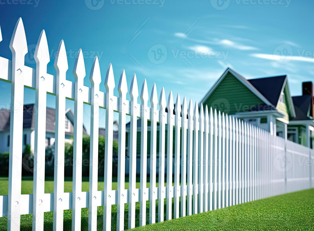 A fragment of a white vinyl fence. Fencing of the house territory Copy space created with technology photo