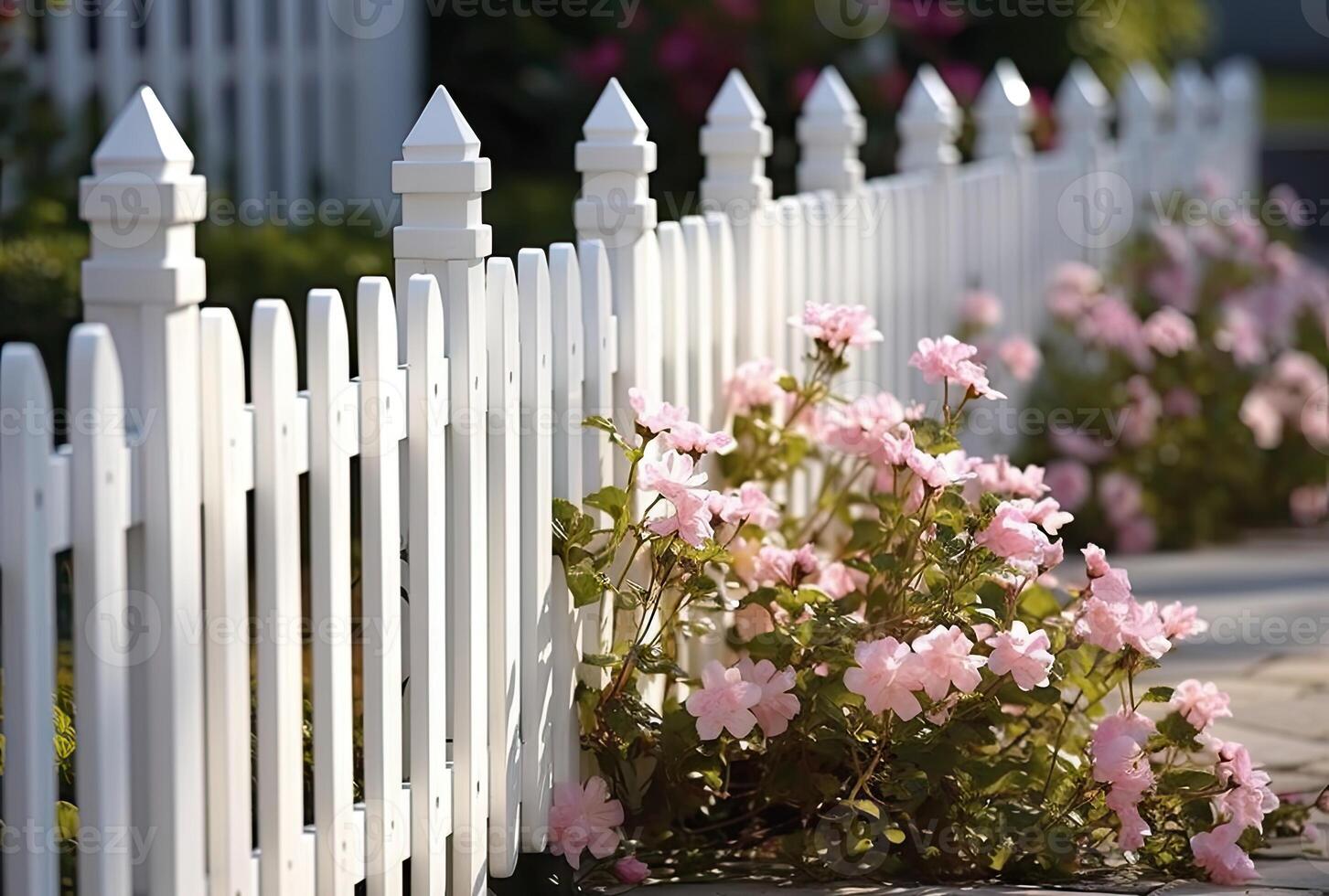 A fragment of a white vinyl fence. Fencing of the house territory Copy space created with technology photo