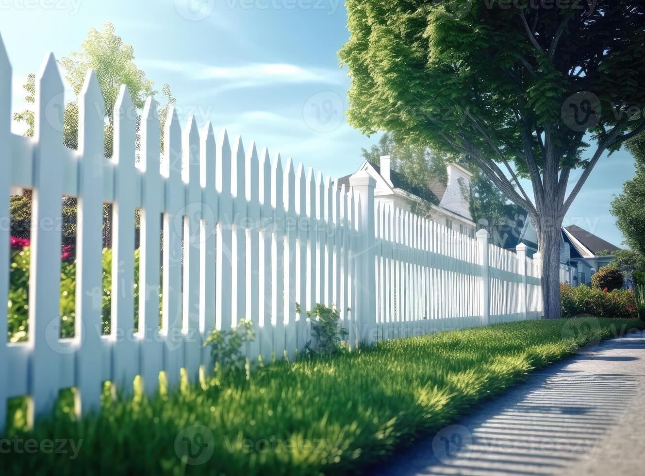 A fragment of a white vinyl fence. Fencing of the house territory Copy space created with technology photo