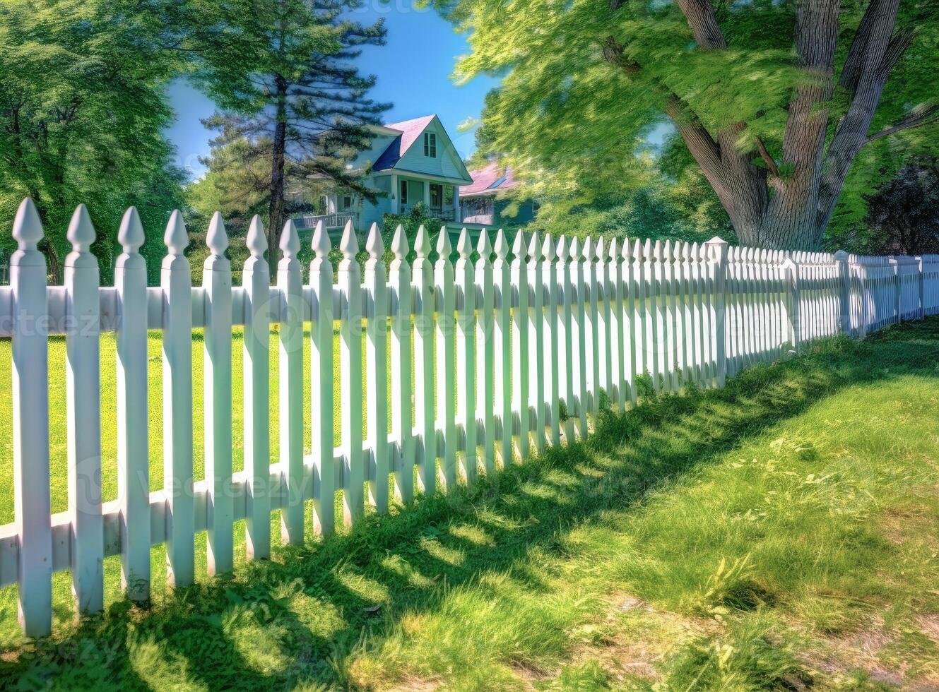 A fragment of a white vinyl fence. Fencing of the house territory Copy space created with technology photo
