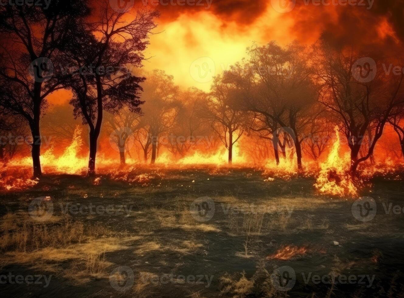 Wildfires or forest fire burning with a lot of smoke created with technology photo