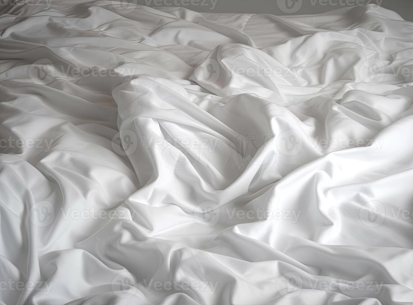 Top view of unmade bedding sheets and pillow ,Unmade messy bed after comfortable sleep concept created with technology. photo