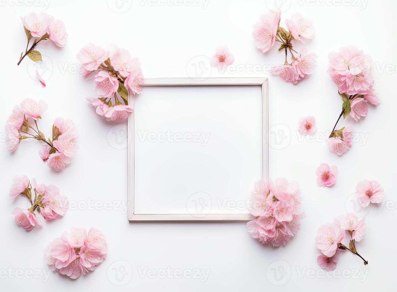 round frame wreath pattern with roses, pink flower buds, branches and leaves isolated on white background. flat lay, top view created with technology. photo