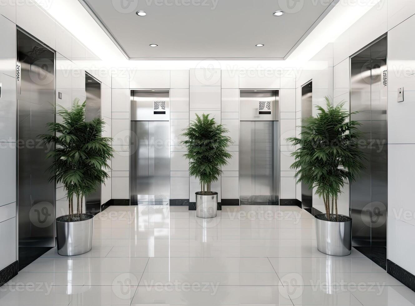Open and closed chrome metal office building elevator doors realistic photo. Lift transportation floor to floors with push switch for up and down. created with technology. photo