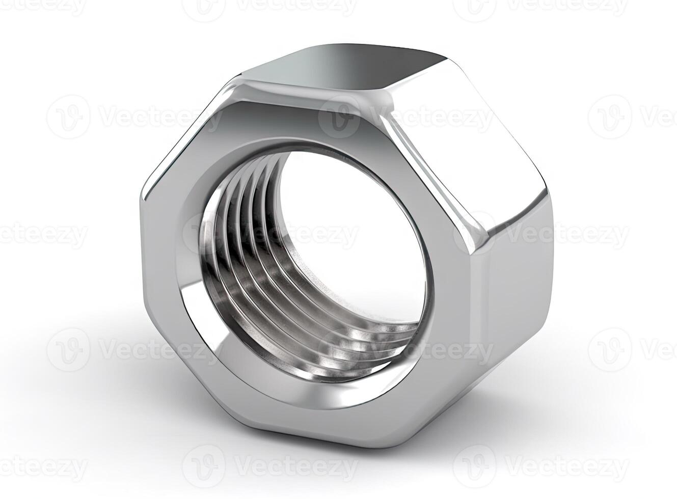 Macro shot metal nut isolated on white background. Chromed screw nut isolated. Steel screw-nut isolated. Nuts and bolts. Tools for work. created with Generative AI technology. photo